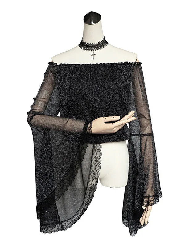 Gothic Lolita Blouse Soul Hall Lace Semi Sheer Pleated Shot Silk Black Lolita Top