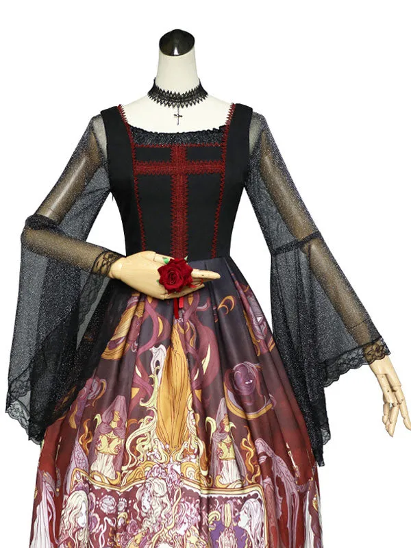 Gothic Lolita Blouse Soul Hall Lace Semi Sheer Pleated Shot Silk Black Lolita Top