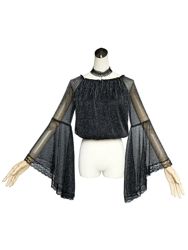 Gothic Lolita Blouse Soul Hall Lace Semi Sheer Pleated Shot Silk Black Lolita Top