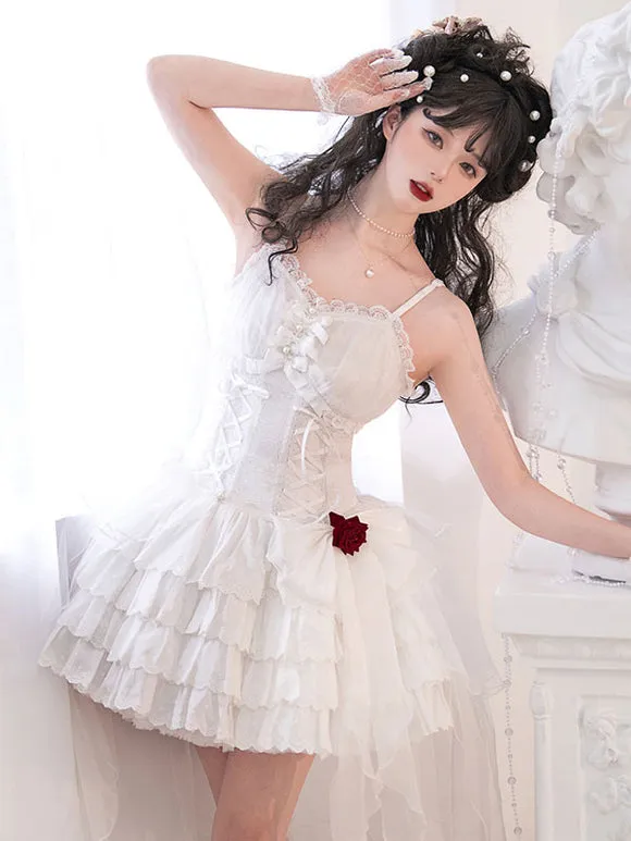 Gothic Lolita Dresses Pearls Bows Black White Adjustable Elastic