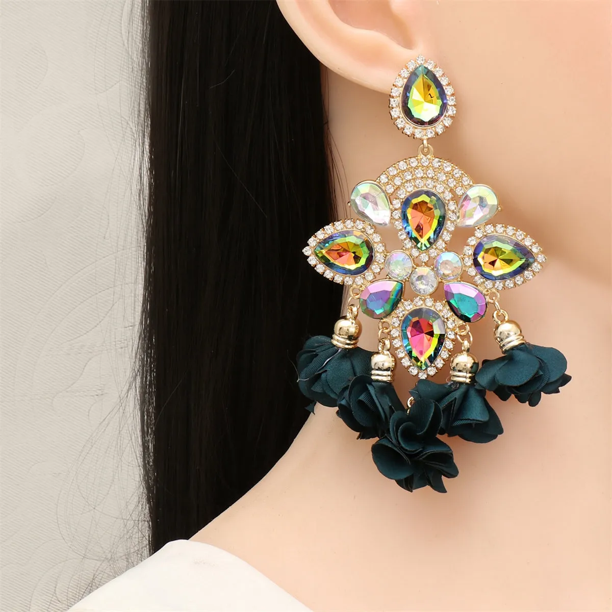 Green Crystal & Cubic Zirconia Chandelier Drop Earrings