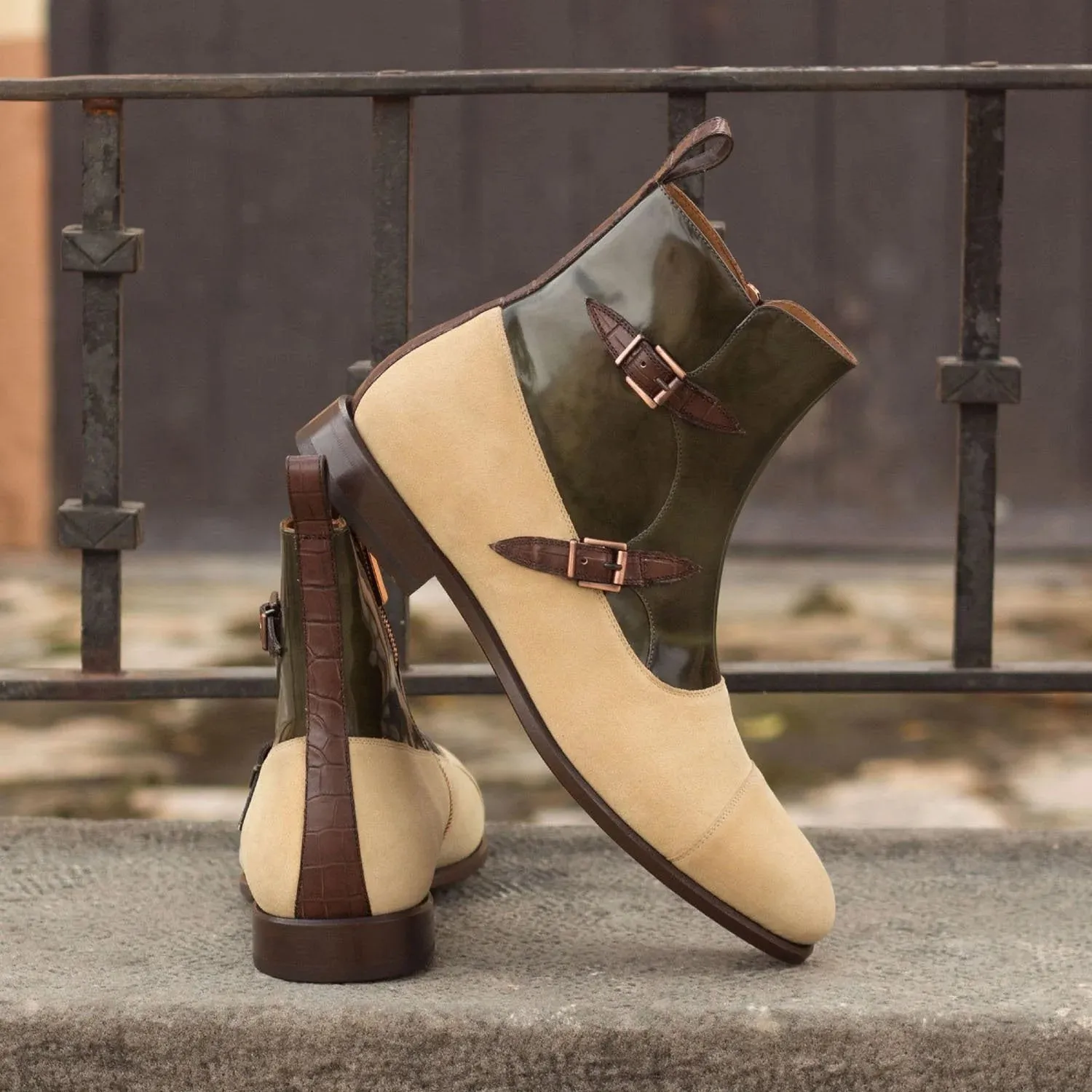 Green Italian Leather Campinas Slip On Zipper Boots With Beige Suede Leather Patina - Boots