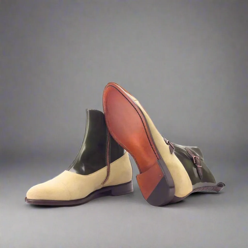 Green Italian Leather Campinas Slip On Zipper Boots With Beige Suede Leather Patina - Boots