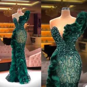 Green Mermaid Trumpet Cocktail Dresses Applique Sequins Prom Dress