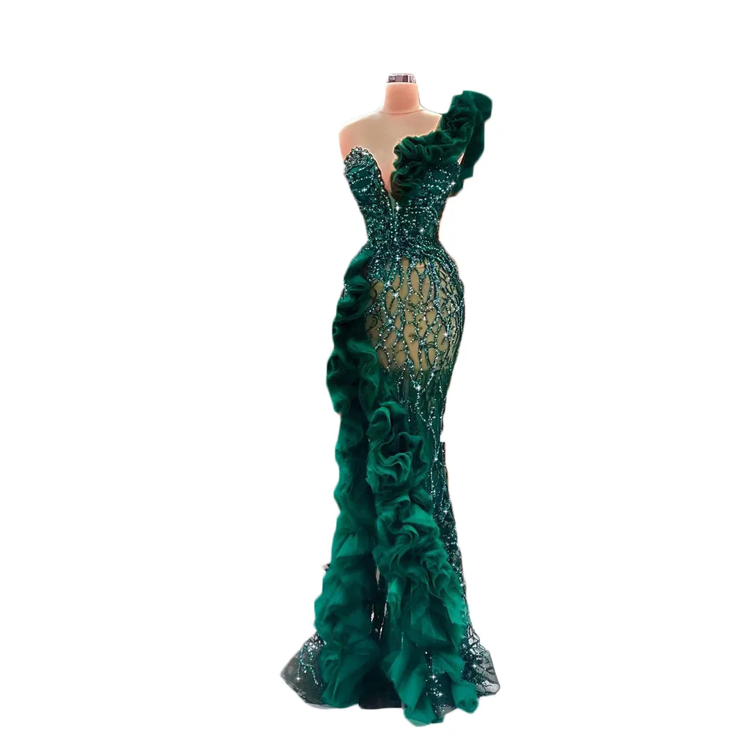 Green Mermaid Trumpet Cocktail Dresses Applique Sequins Prom Dress