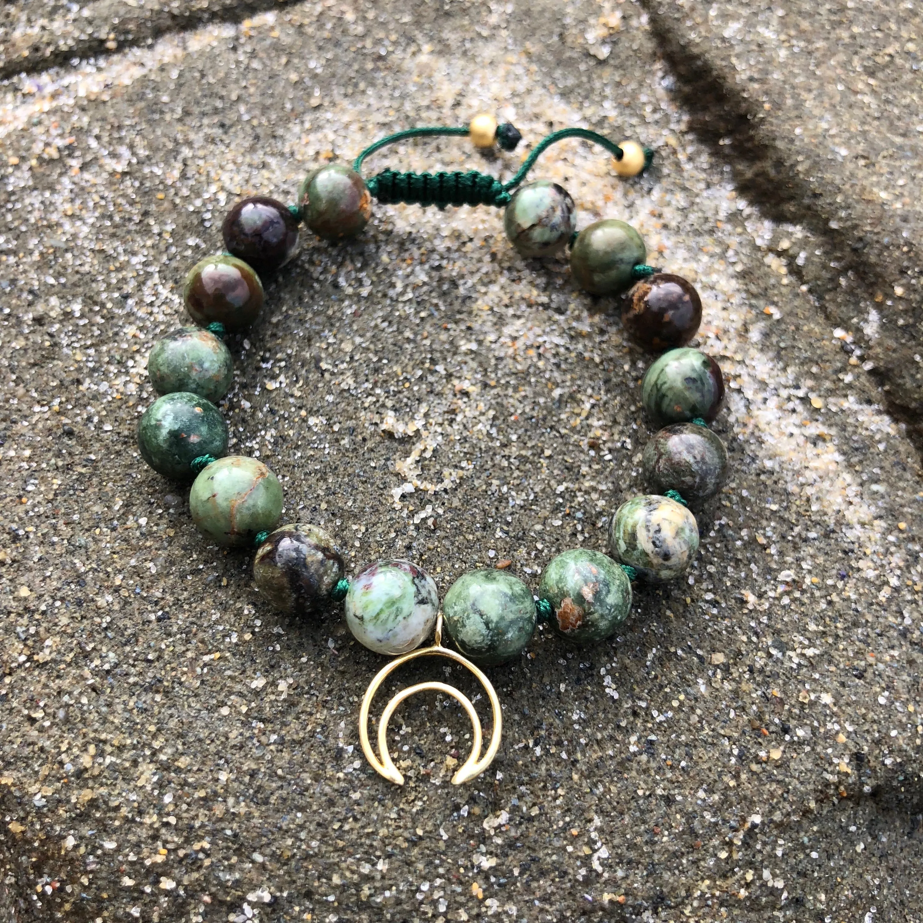 Green Opal Adjustable Beaded Bracelet with Crescent Moon