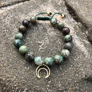 Green Opal Adjustable Beaded Bracelet with Crescent Moon