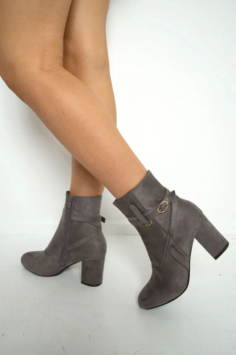 Grey Faux Suede Strap Detail Buckle Ankle Boots - Sabryna