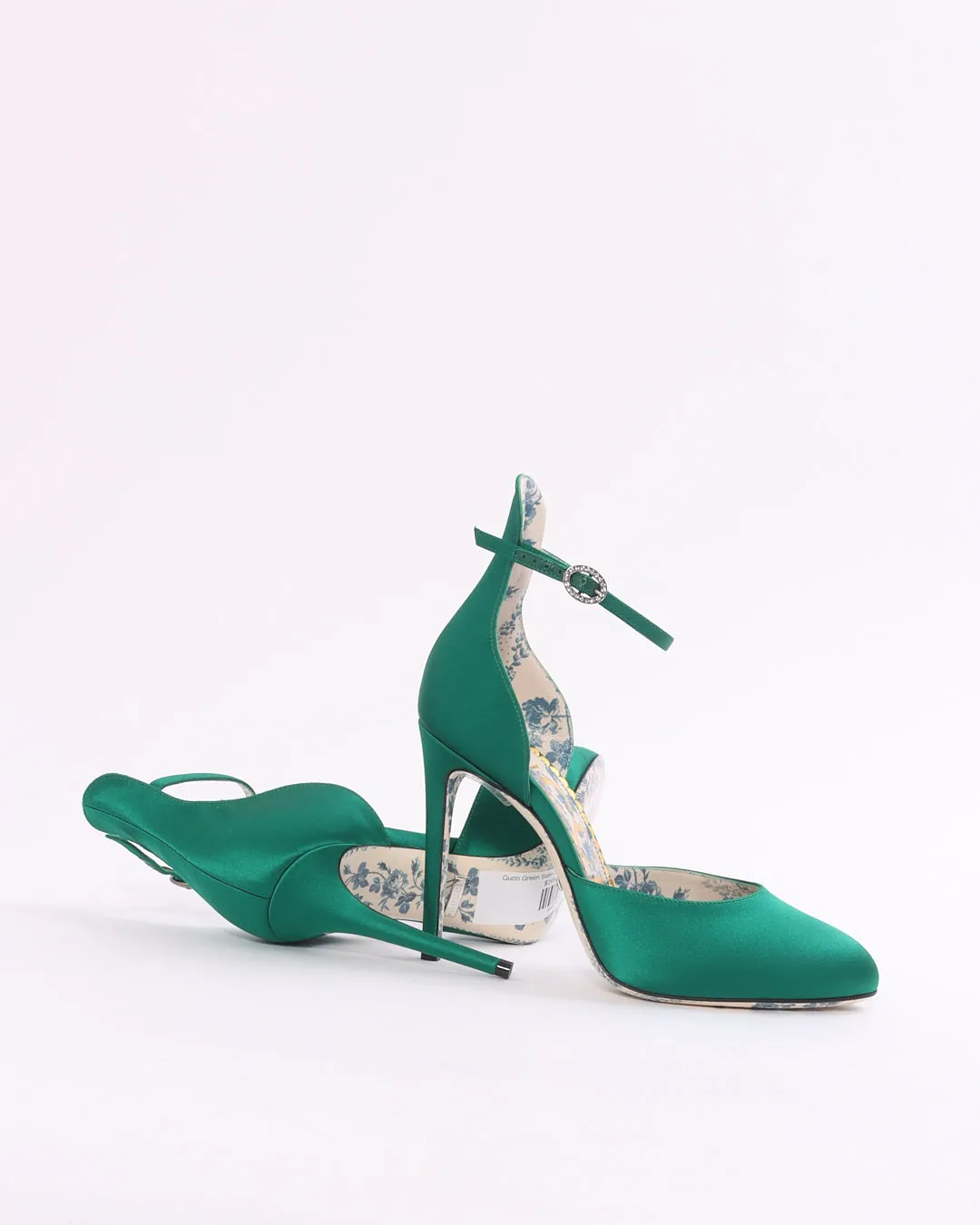 Gucci Green Satin Crystal Ankle Strap Pumps - 37