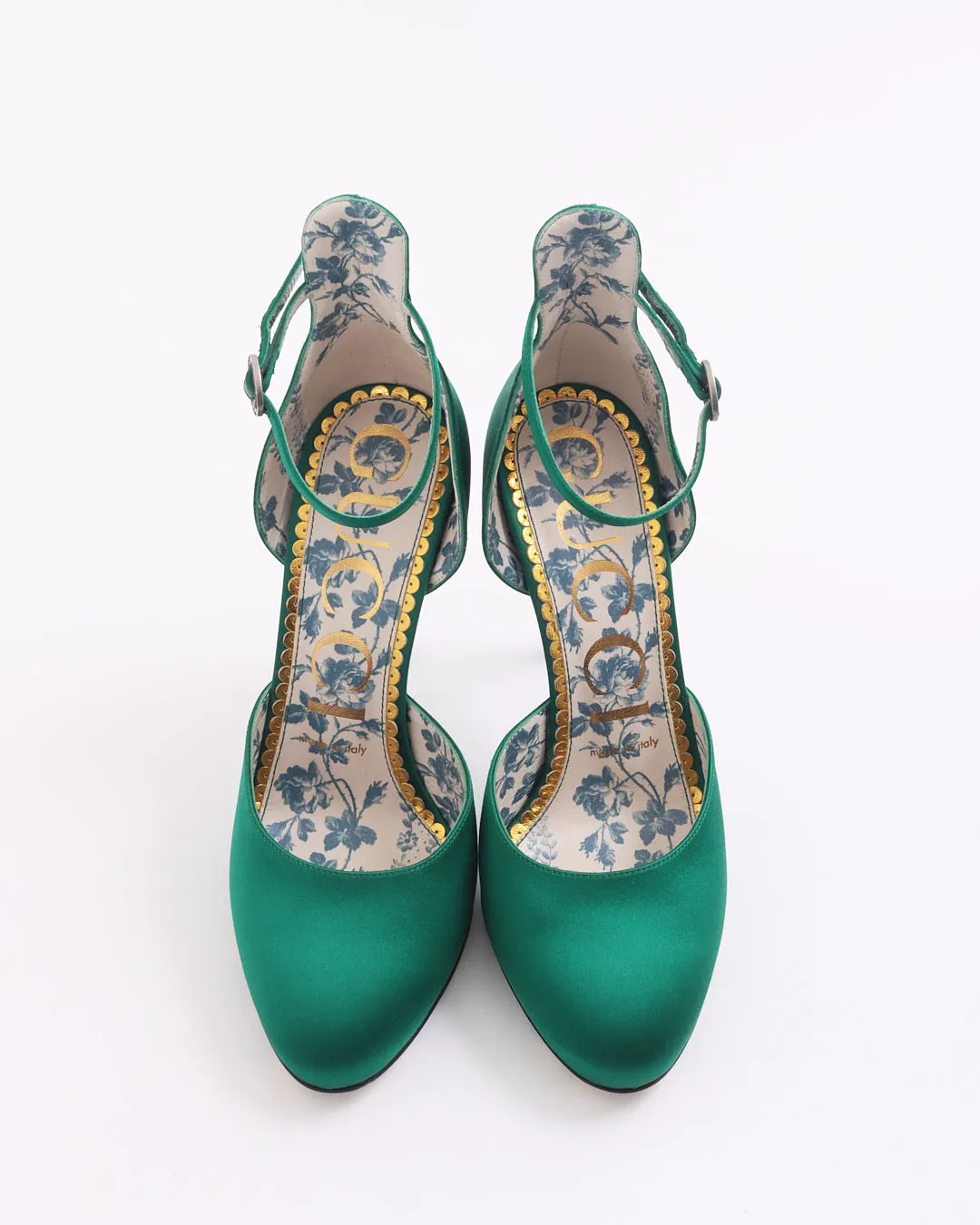 Gucci Green Satin Crystal Ankle Strap Pumps - 37