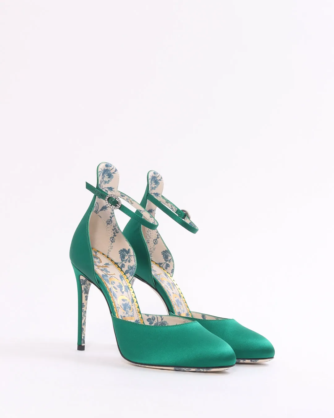Gucci Green Satin Crystal Ankle Strap Pumps - 37