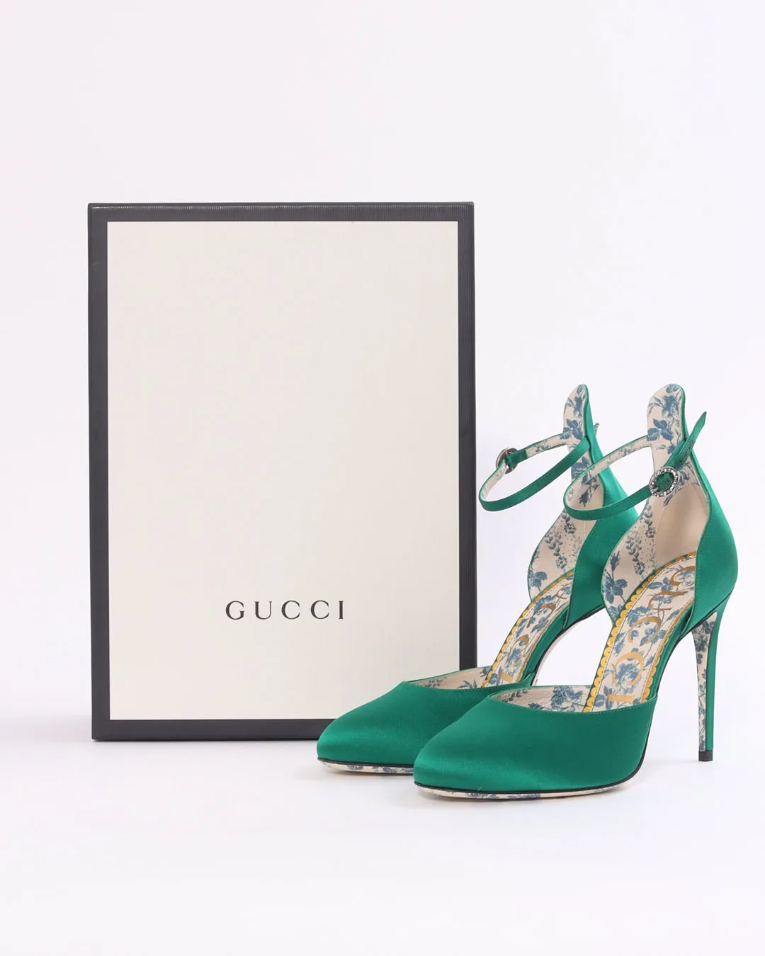 Gucci Green Satin Crystal Ankle Strap Pumps - 37