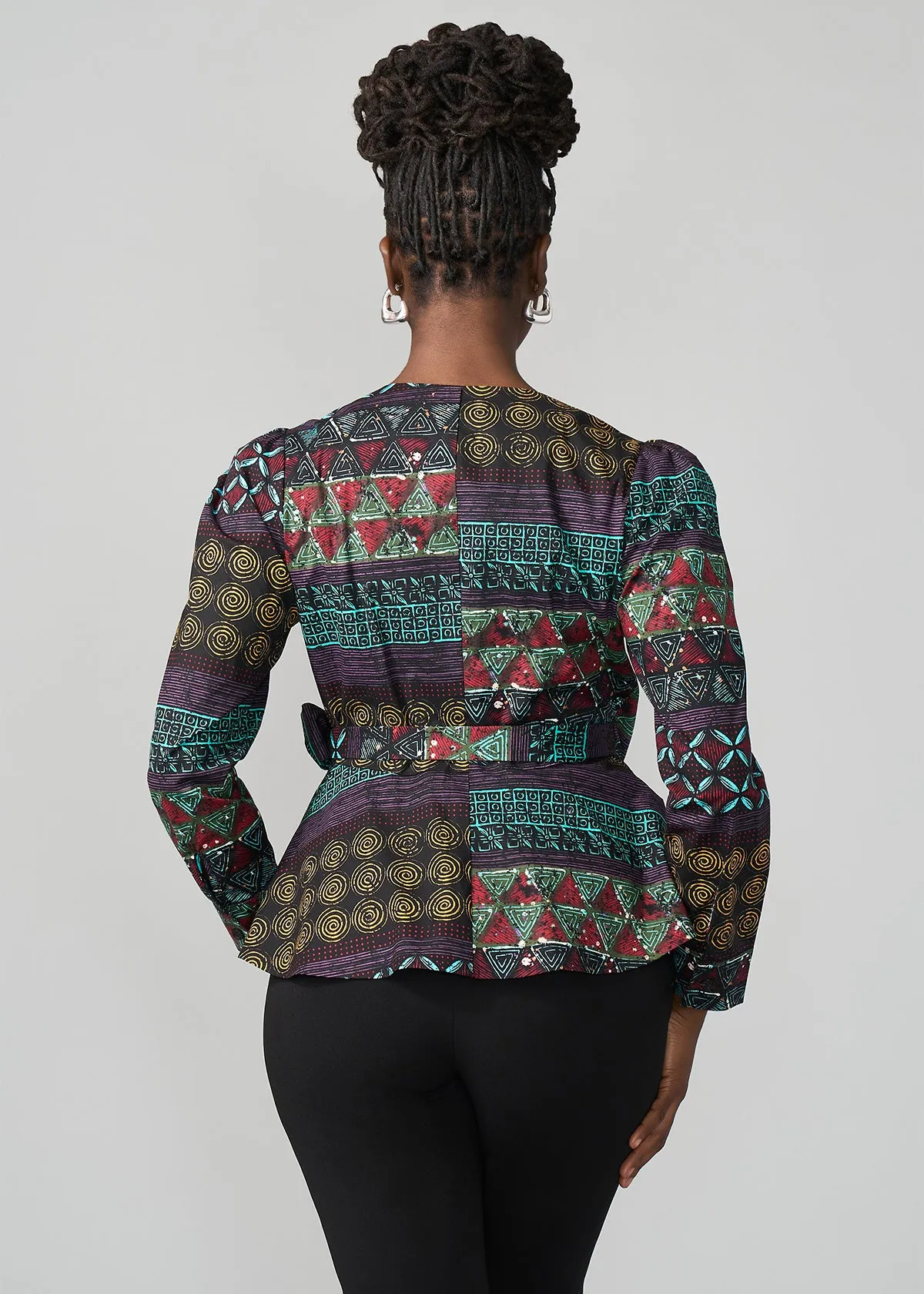 Hafeda Women's African Print Wrap Blouse (Teal Maroon Multipattern)