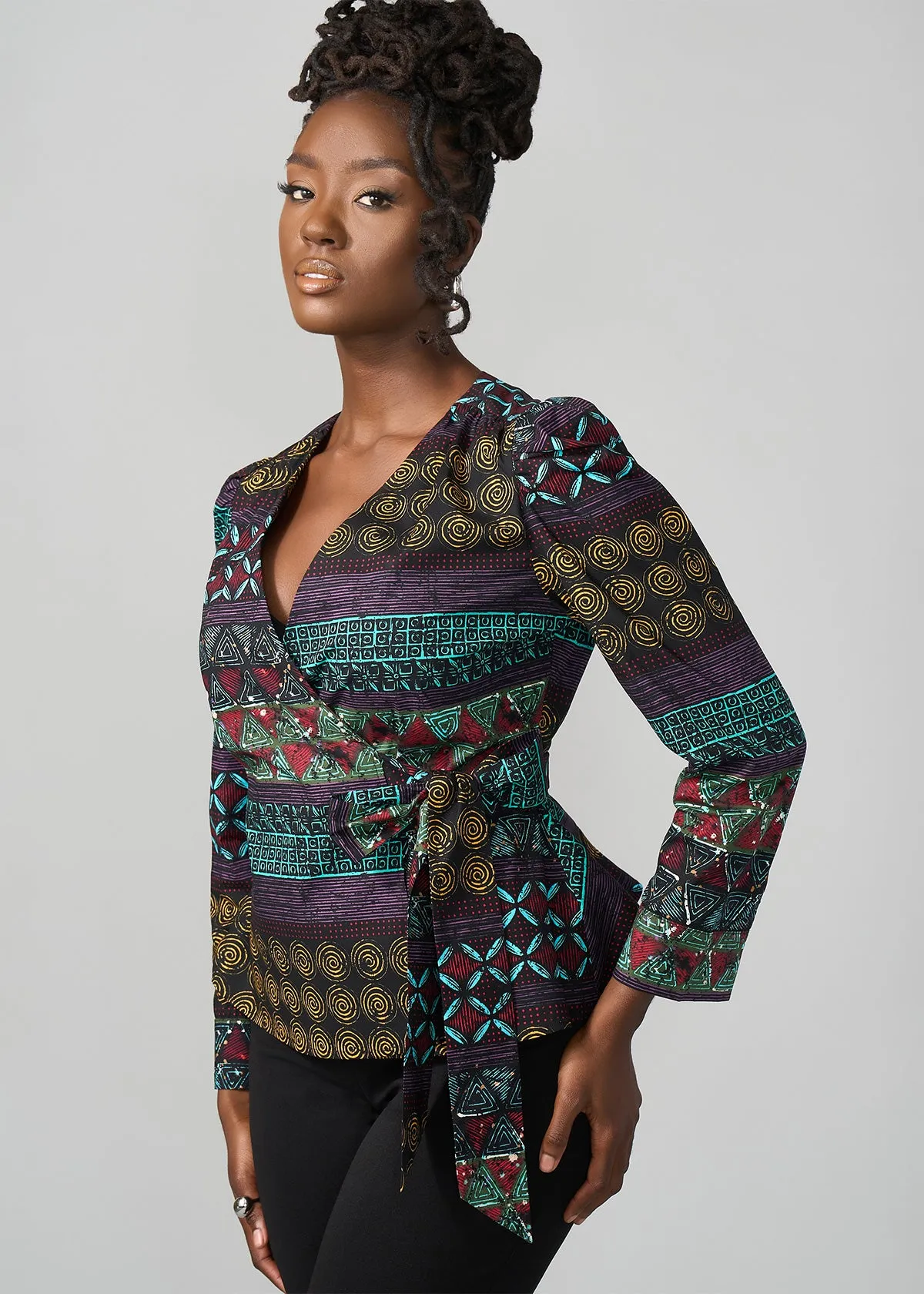 Hafeda Women's African Print Wrap Blouse (Teal Maroon Multipattern)