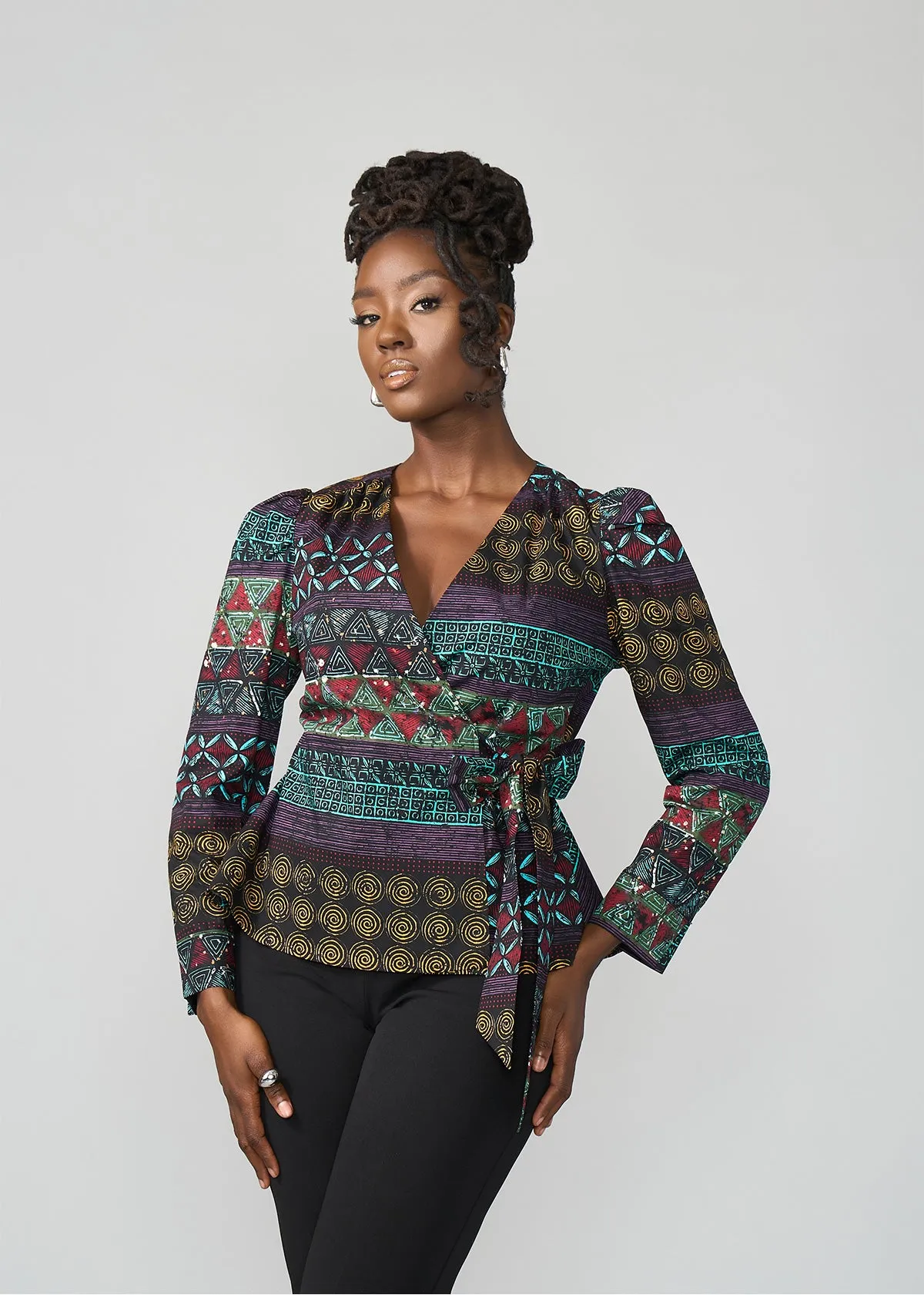 Hafeda Women's African Print Wrap Blouse (Teal Maroon Multipattern)