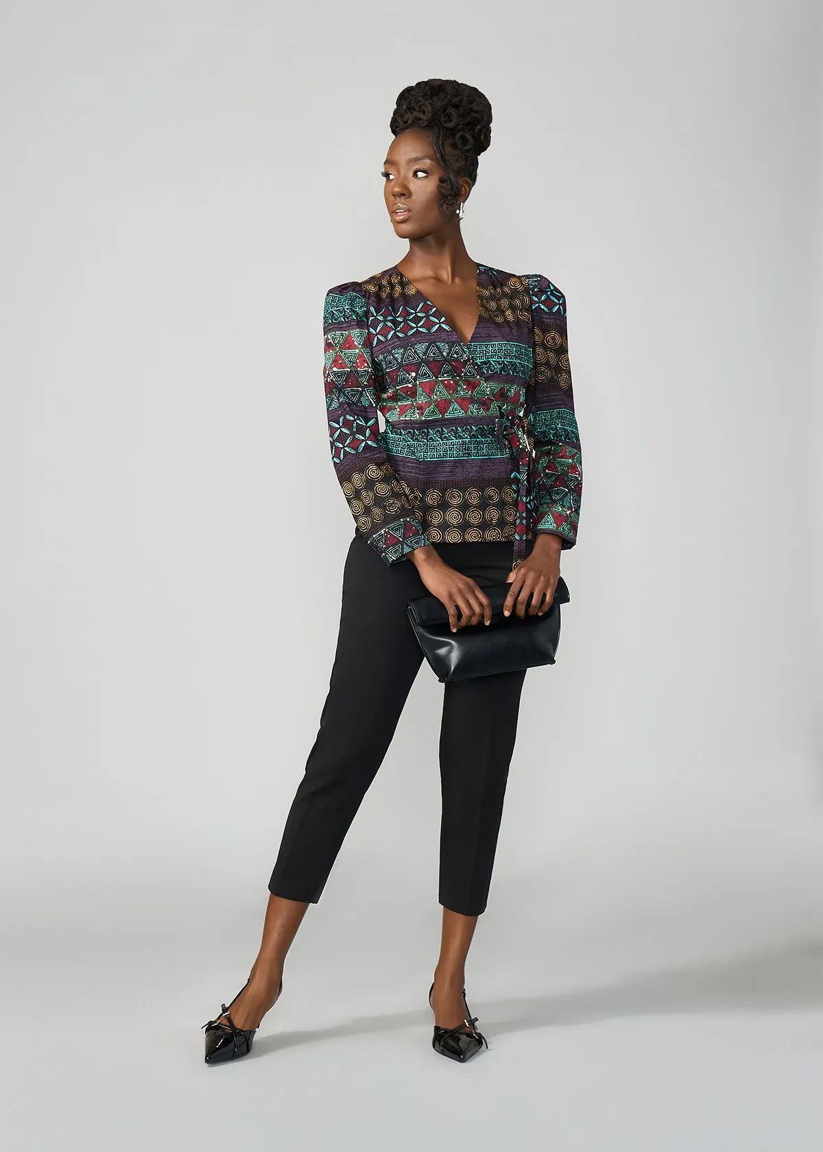 Hafeda Women's African Print Wrap Blouse (Teal Maroon Multipattern)