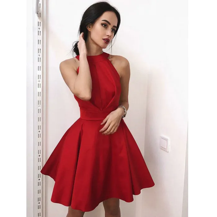 Halter Red Simple Cheap On Sale Short Homecoming Dresses, BH103
