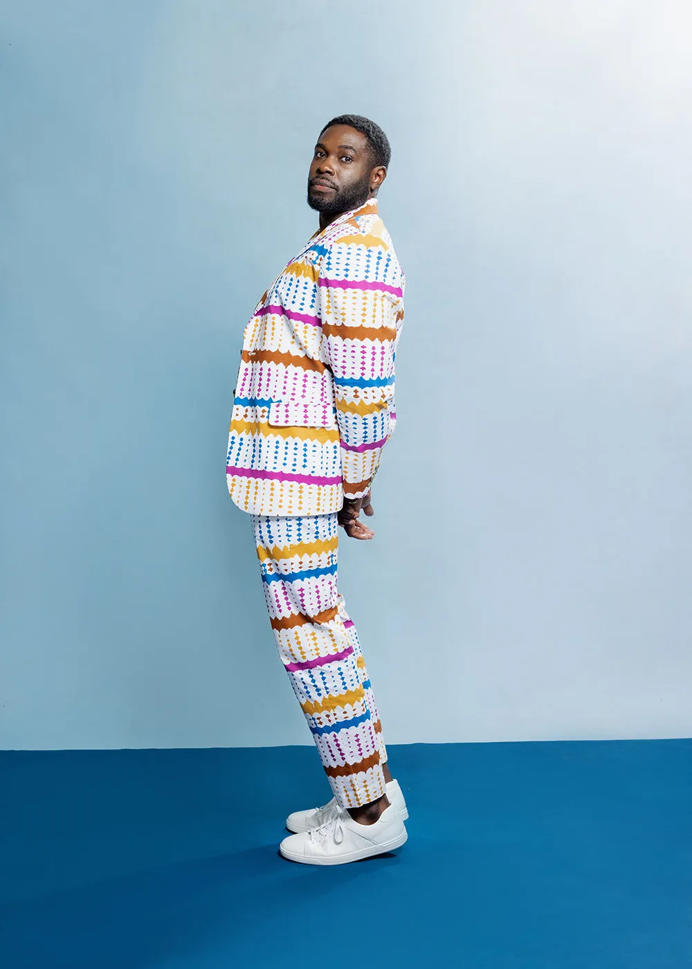 Hami Men's African Print Blazer (White Nautical Adire)- Clearance