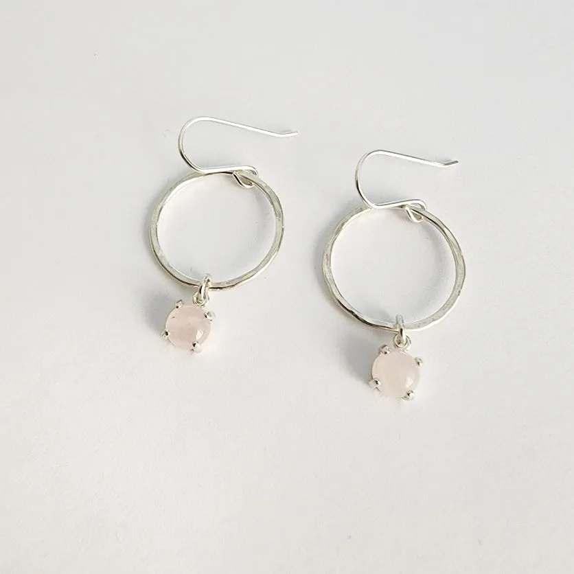 Hammered Circle Gemstone Earrings in Sterling Silver