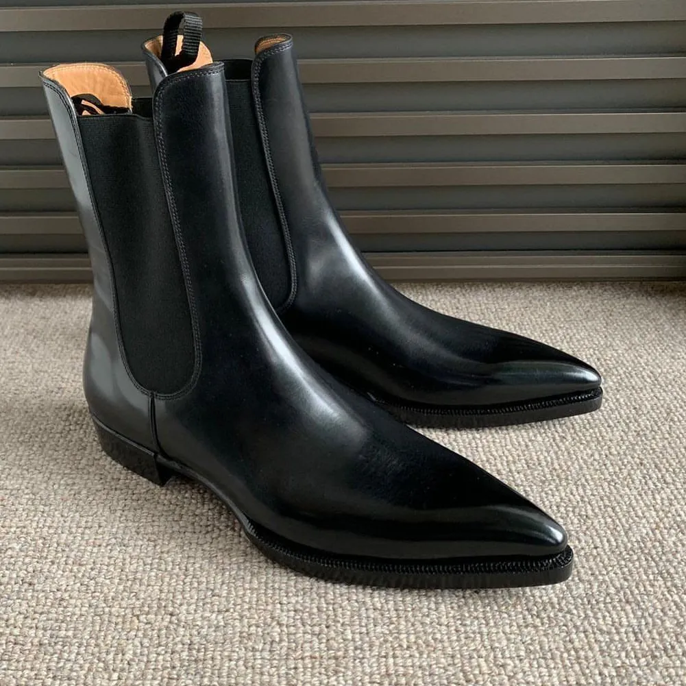 Handmade Black Leather High Ankle Chelsea Boots for Men