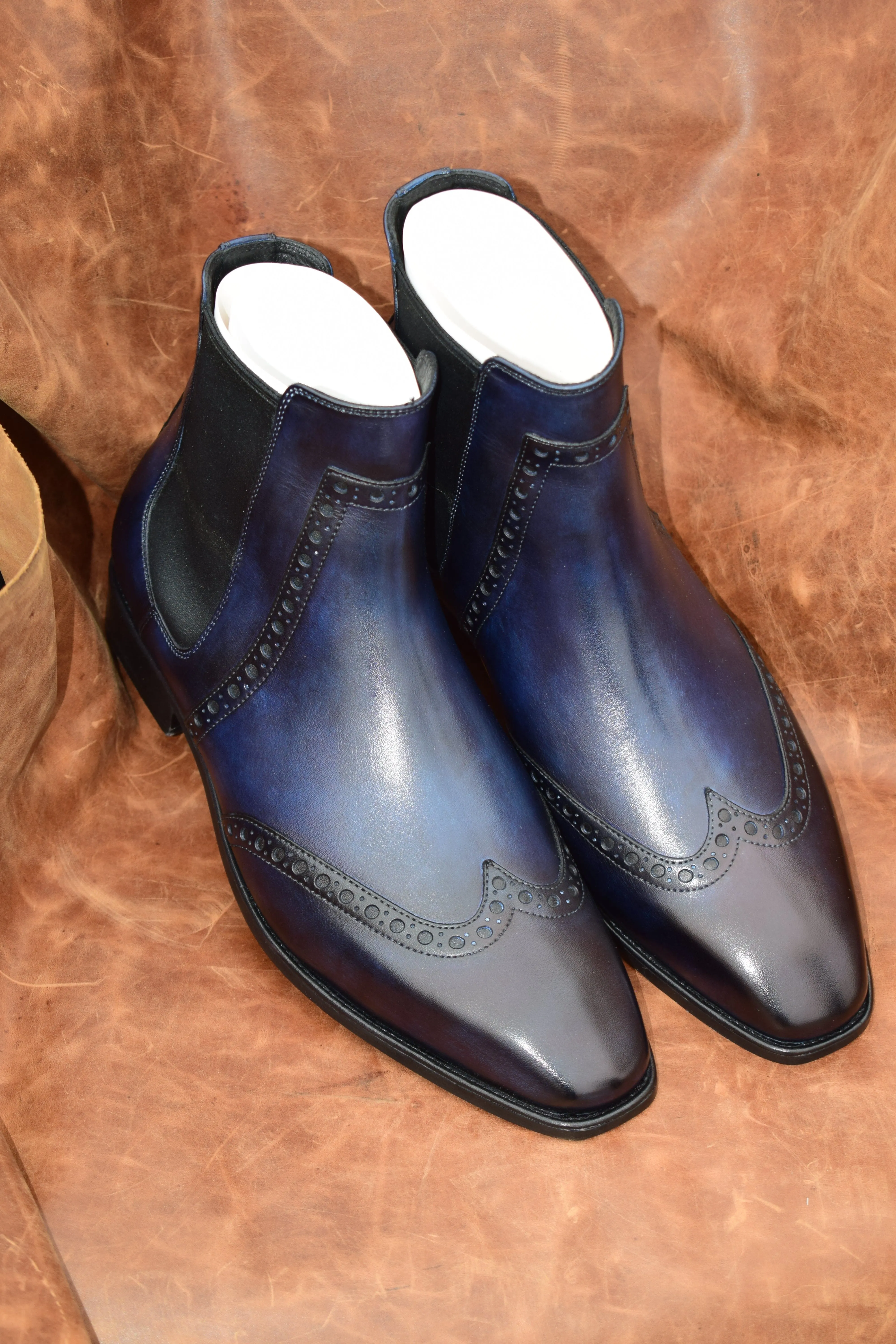 Handmade Customisable Blue Navy Leather Tepekoy Chelsea Boots For Men