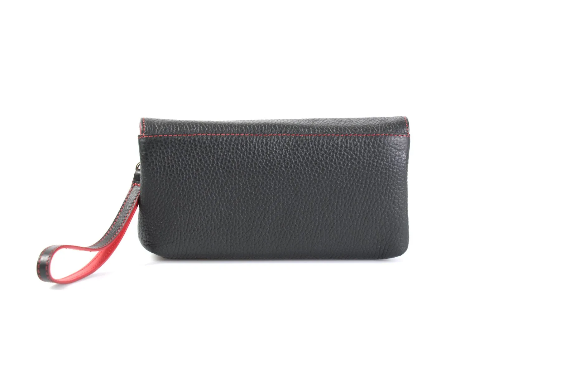 Handmade Italian Leather Clutch - Roma - Onyx Black - Lava Red Trim