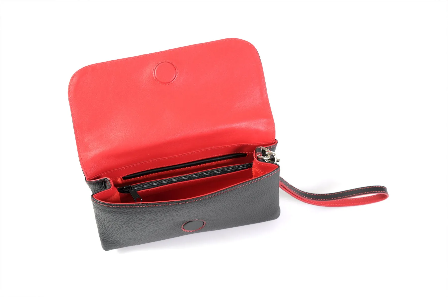 Handmade Italian Leather Clutch - Roma - Onyx Black - Lava Red Trim
