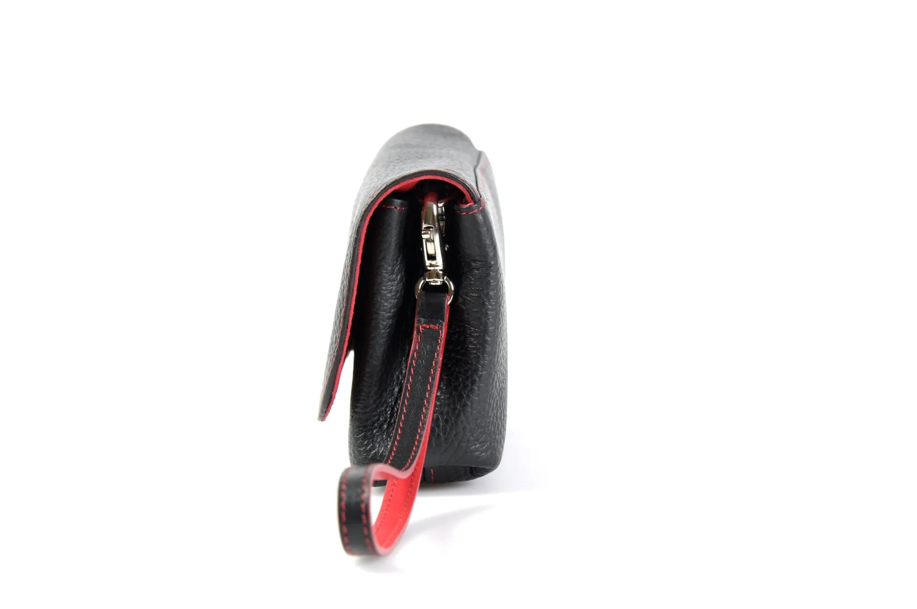 Handmade Italian Leather Clutch - Roma - Onyx Black - Lava Red Trim