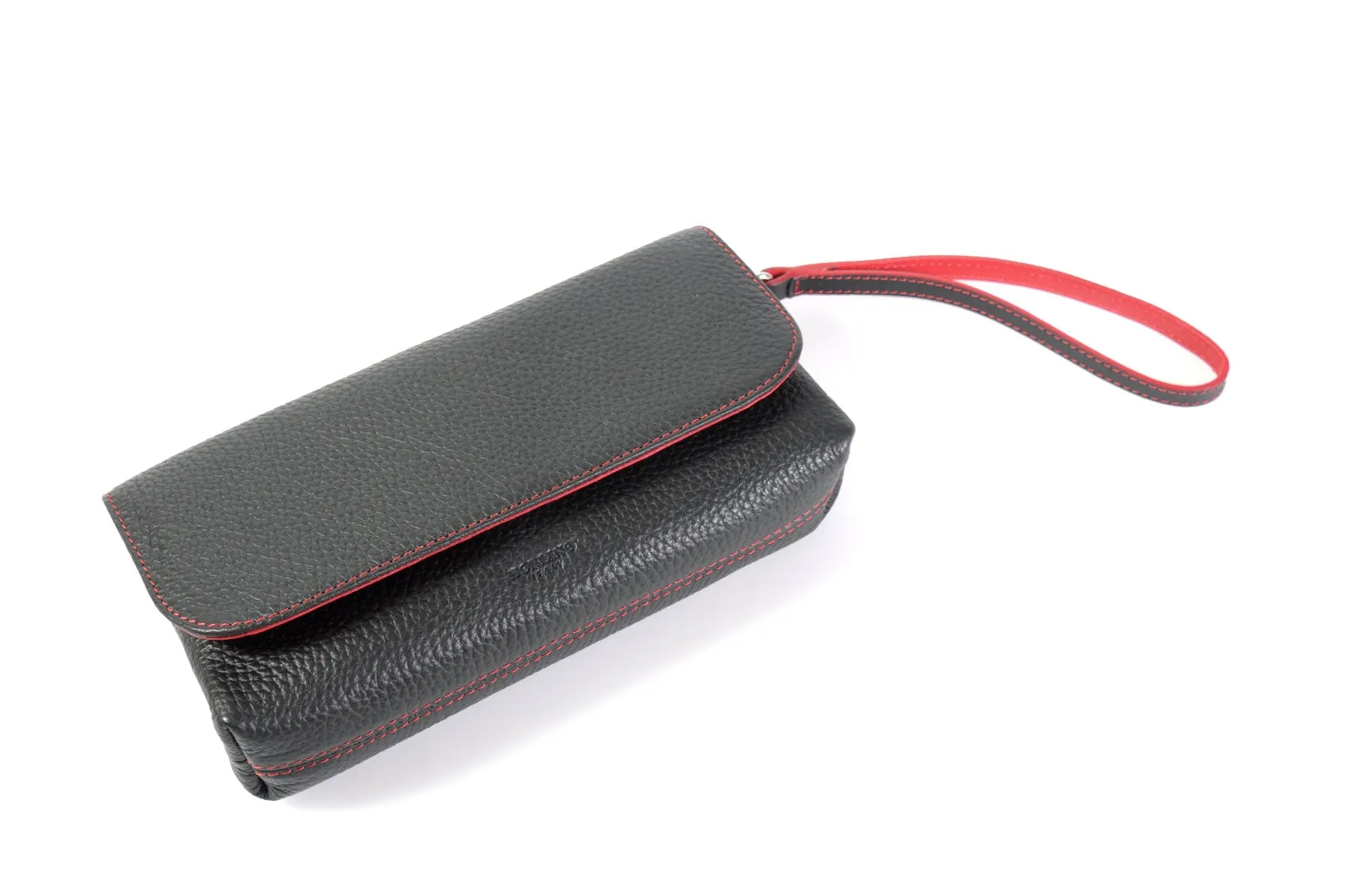Handmade Italian Leather Clutch - Roma - Onyx Black - Lava Red Trim