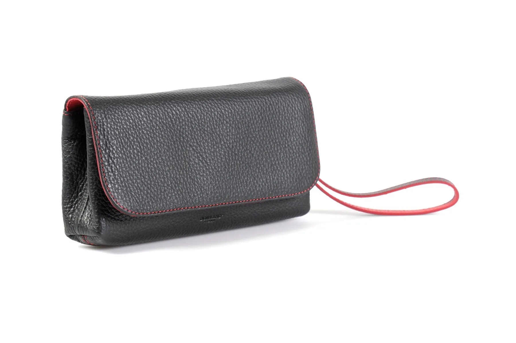 Handmade Italian Leather Clutch - Roma - Onyx Black - Lava Red Trim