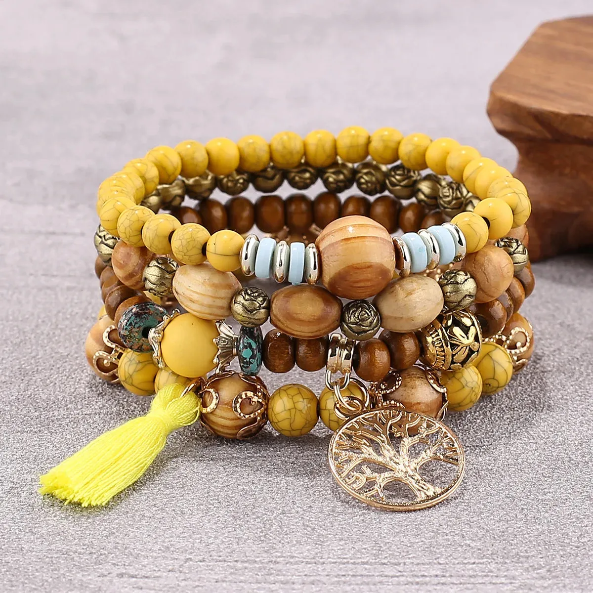 Handmade Wood Beads Chain Bracelet Set for Women