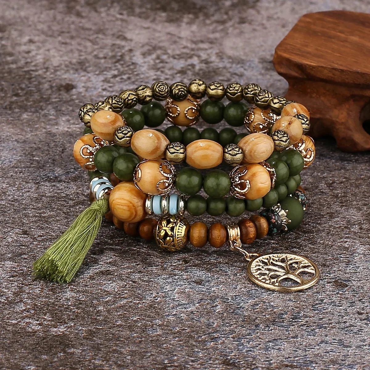 Handmade Wood Beads Chain Bracelet Set for Women