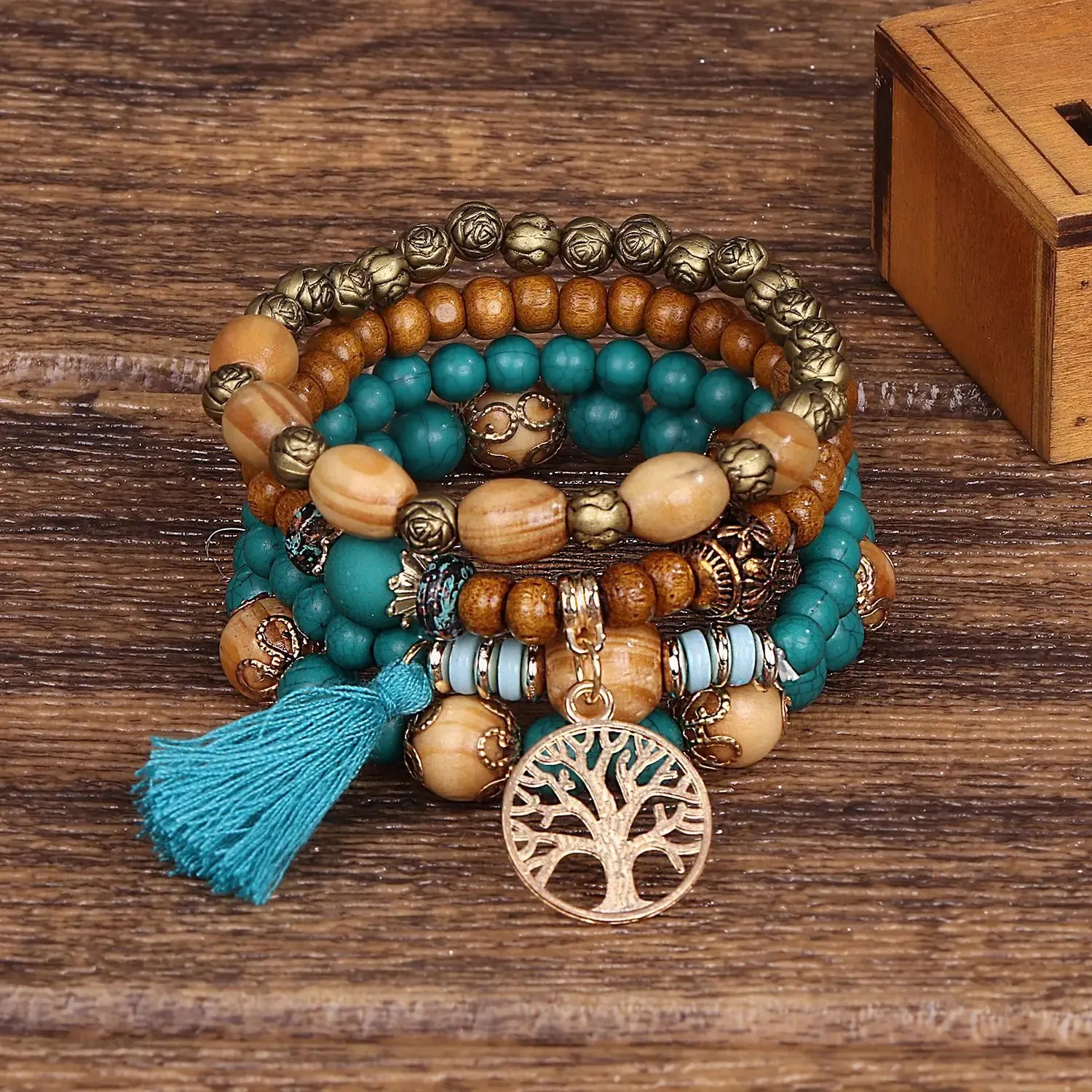 Handmade Wood Beads Chain Bracelet Set for Women