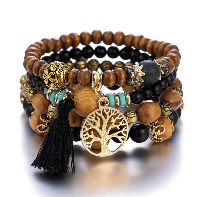 Handmade Wood Beads Chain Bracelet Set for Women