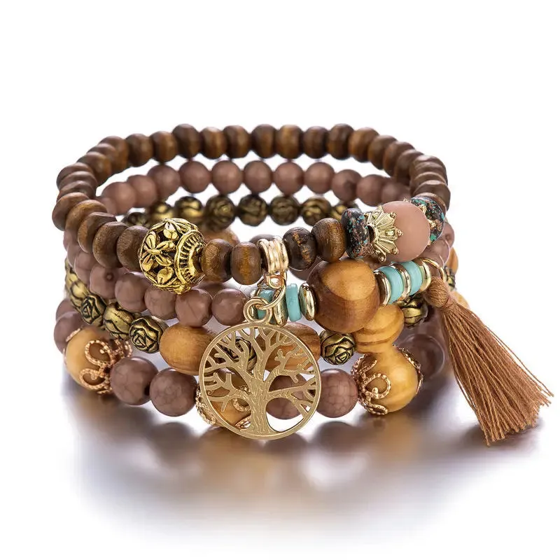 Handmade Wood Beads Chain Bracelet Set for Women
