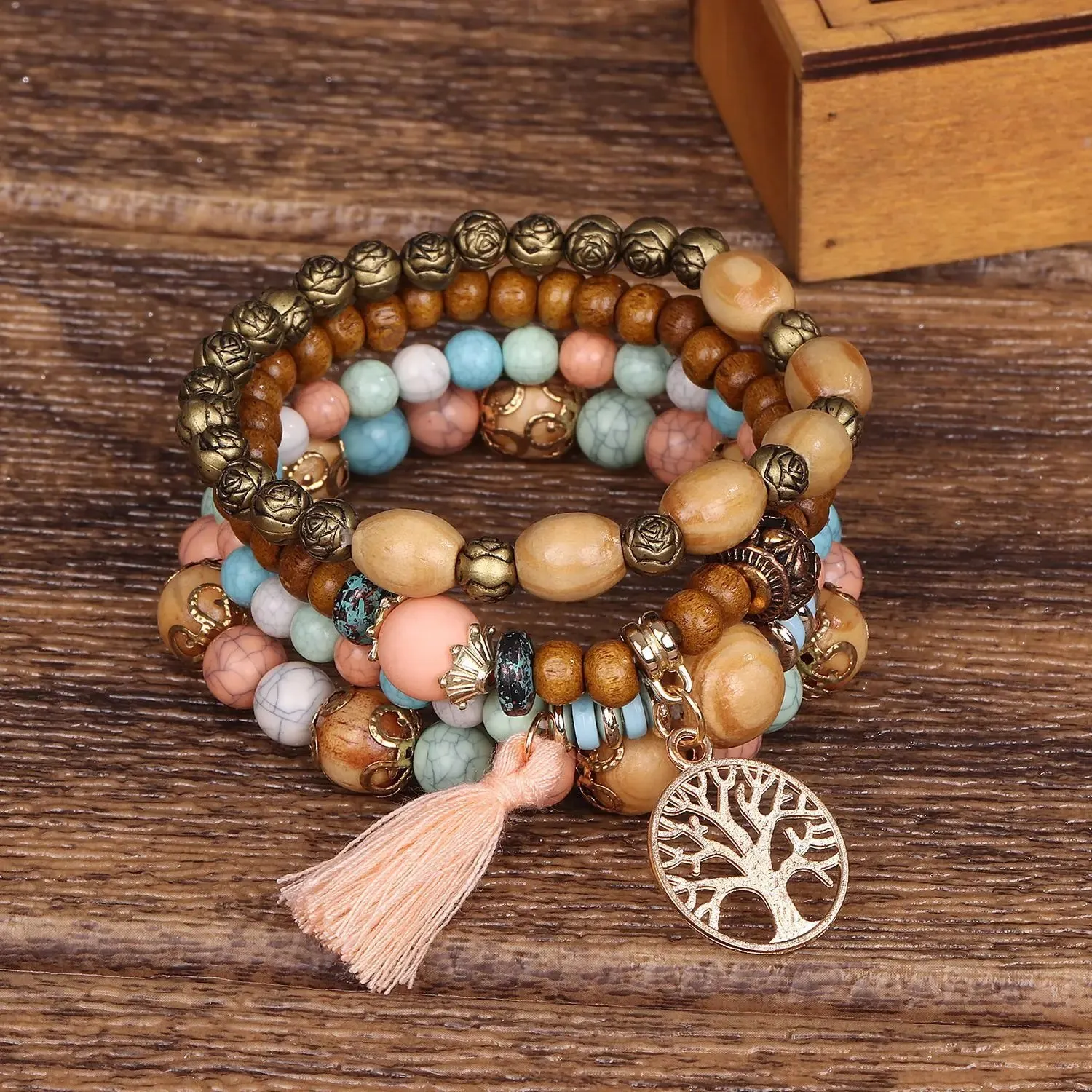 Handmade Wood Beads Chain Bracelet Set for Women