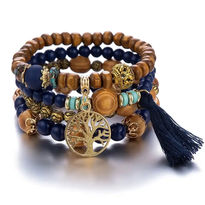Handmade Wood Beads Chain Bracelet Set for Women