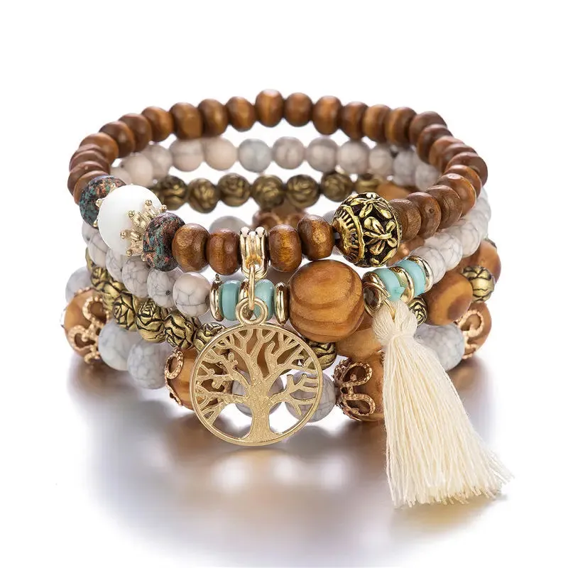 Handmade Wood Beads Chain Bracelet Set for Women
