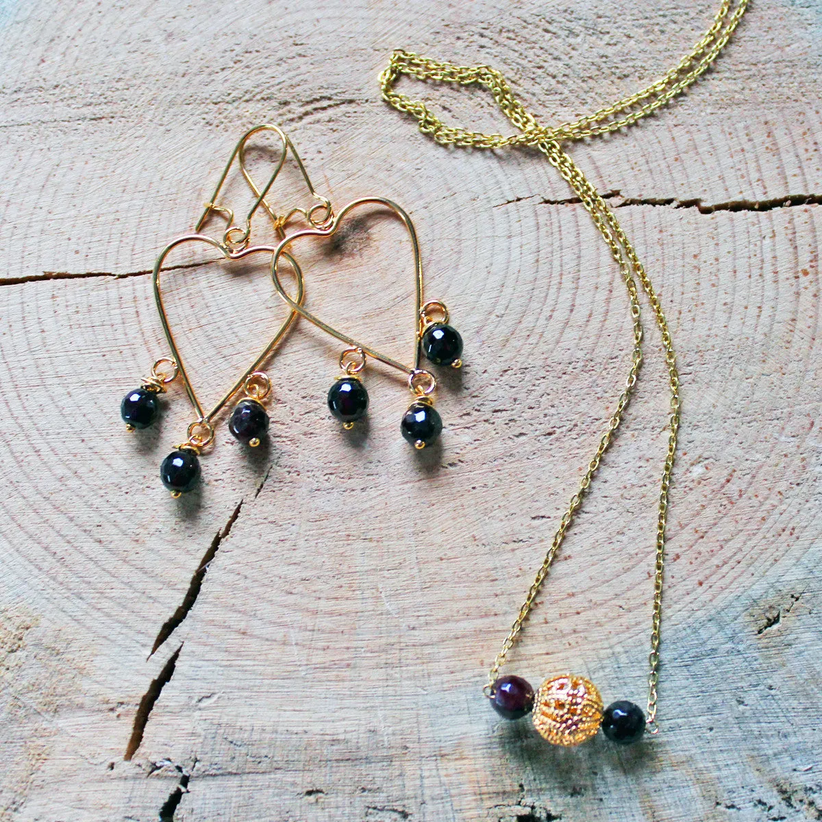Heart Chandelier Earrings with Garnet