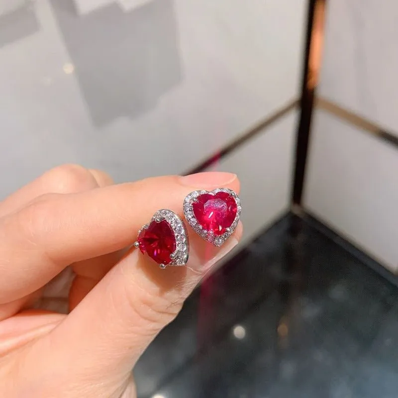 Heart Ruby Gemstone Jewelry Set Women Pendant Necklace Earrings Ring