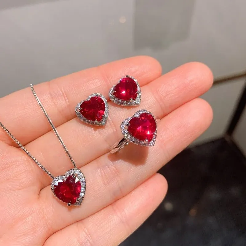 Heart Ruby Gemstone Jewelry Set Women Pendant Necklace Earrings Ring