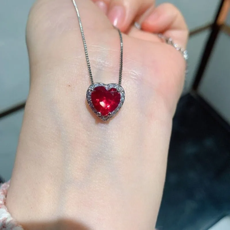 Heart Ruby Gemstone Jewelry Set Women Pendant Necklace Earrings Ring