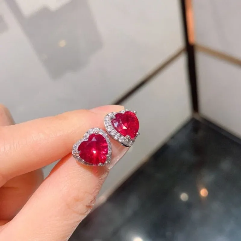 Heart Ruby Gemstone Jewelry Set Women Pendant Necklace Earrings Ring