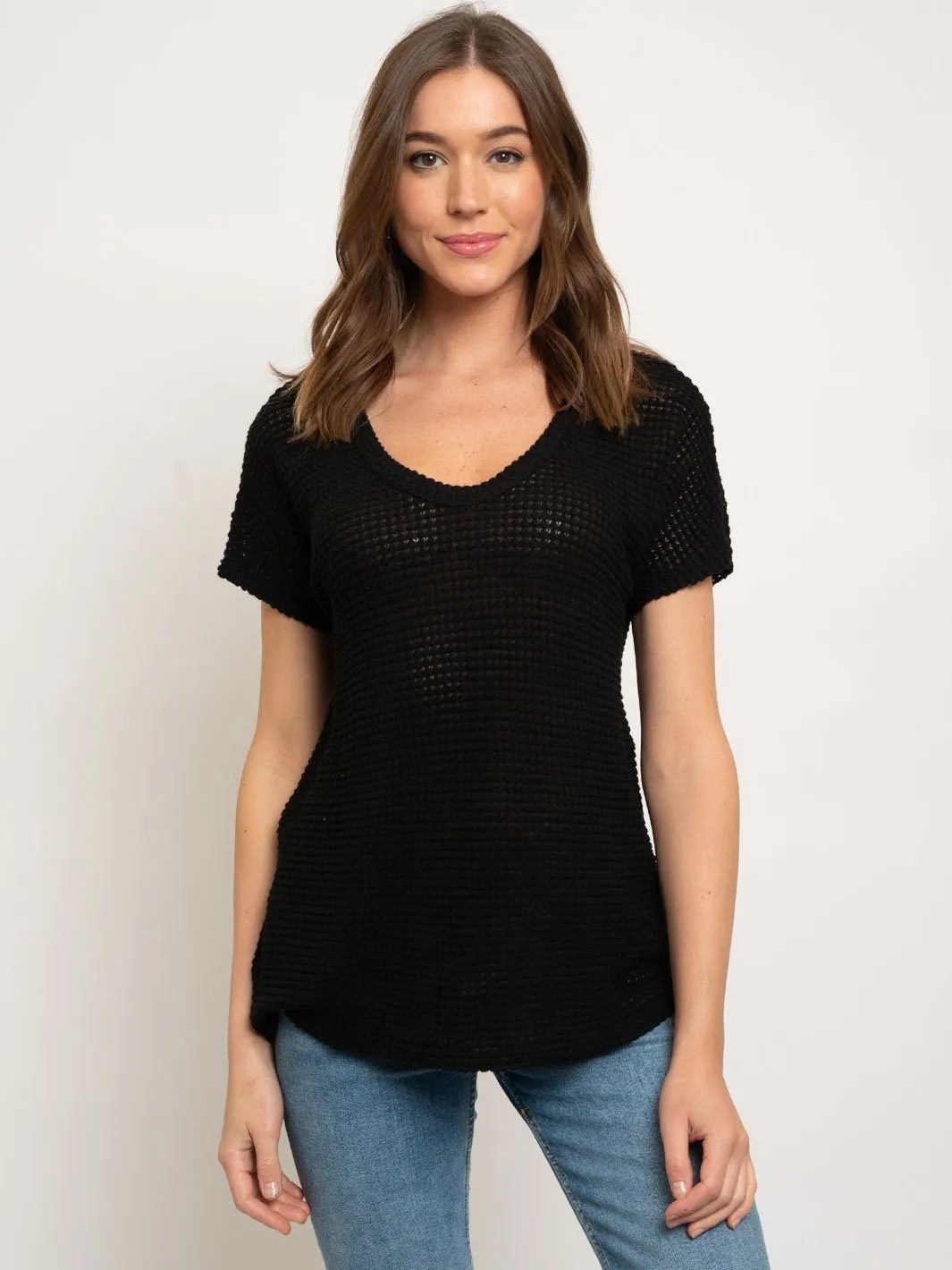 HEAVY WAFFLE SCOOP NECK SHORT SLEEVE TOP