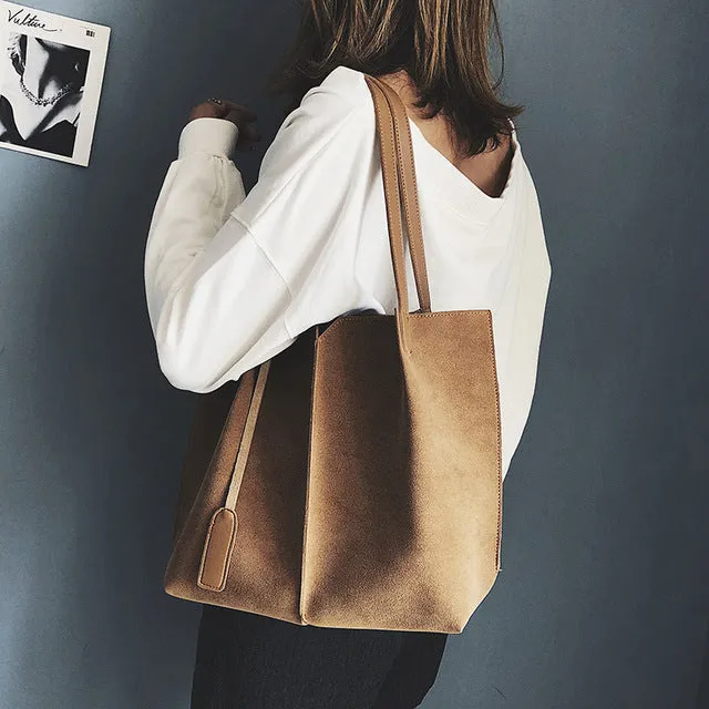 High Quality Women Suede Handbags Soft Leather Women Bag  2PCS Handbags Set Female Shoulder Bags Large Casual Tote Bags