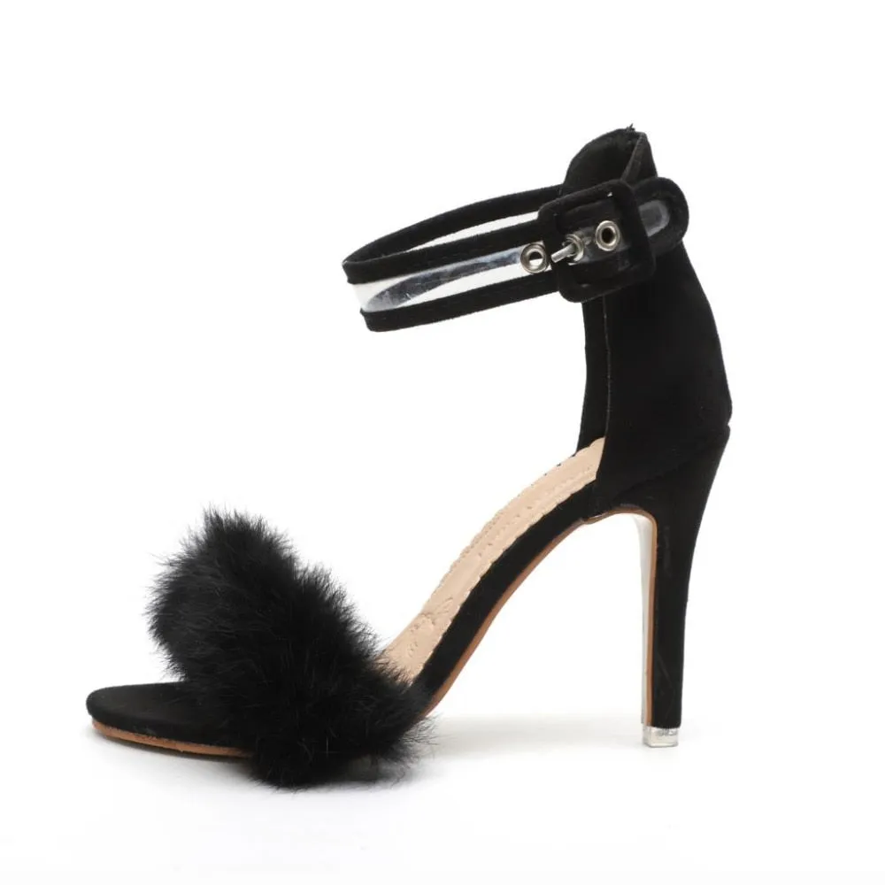High Thin Heels Ankle Strap Platform Faux Fluffy Rabbit Fur.
