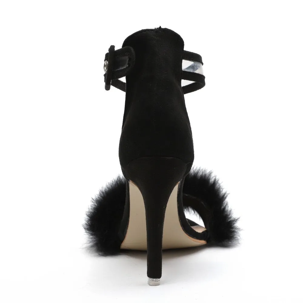 High Thin Heels Ankle Strap Platform Faux Fluffy Rabbit Fur.