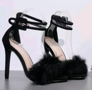 High Thin Heels Ankle Strap Platform Faux Fluffy Rabbit Fur.