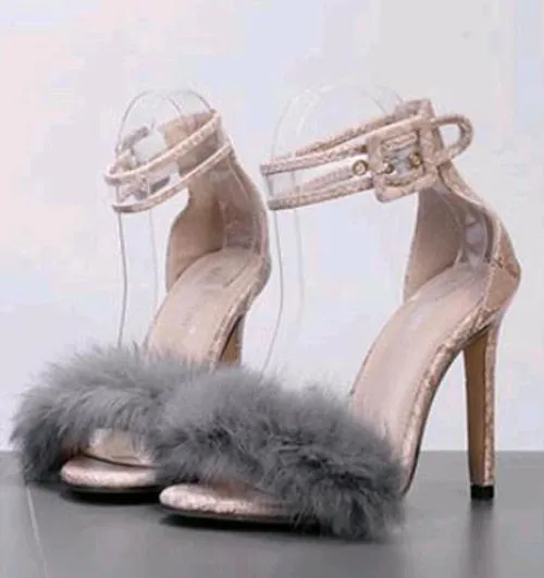 High Thin Heels Ankle Strap Platform Faux Fluffy Rabbit Fur.