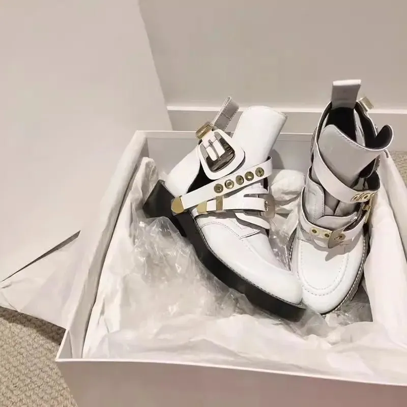 High Top Women's Sandal with Chunky Heels and Punk Style Belt Buckles